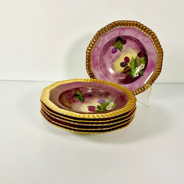 1961 Vintage Boho Chic Hollywood Regency Majolica Czechoslovakia Porcelain Gilded Bowls - Set of 6. For Sale - Image 13 of 14