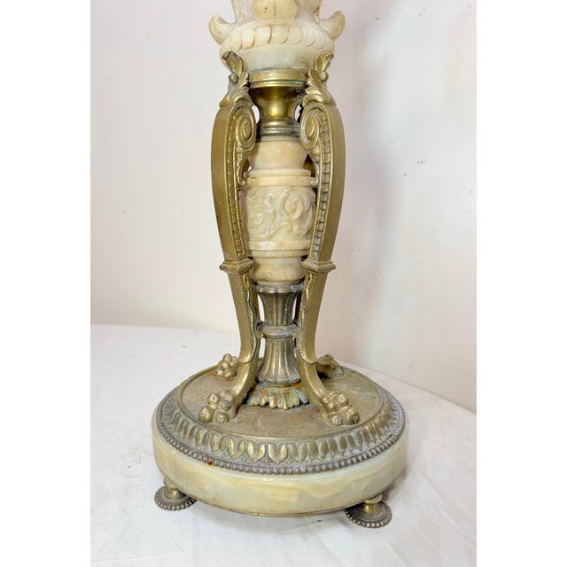 Victorian Large Antique Ornate Hand Carved Figural Alabaster Cast Iron Electric Table Lamp For Sale - Image 3 of 13