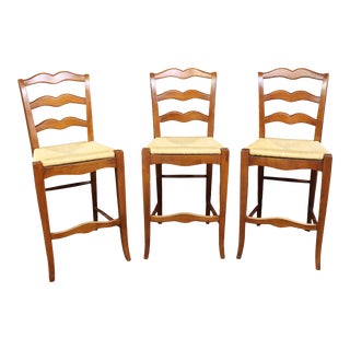 3 Ethan Allen Ladderback Rush Seat Bar Stools For Sale
