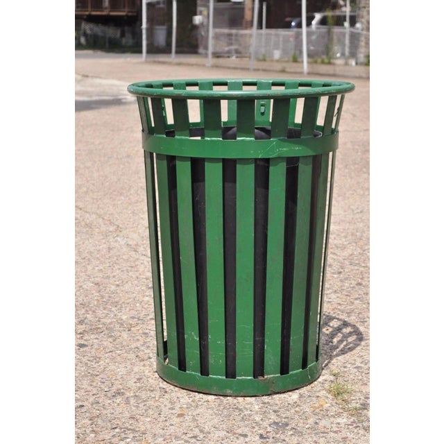 Outdoor Slatted Steel Metal Green Park Trash Can & Liner - 24 Gallon. Item features heavy steel metal construction, green...