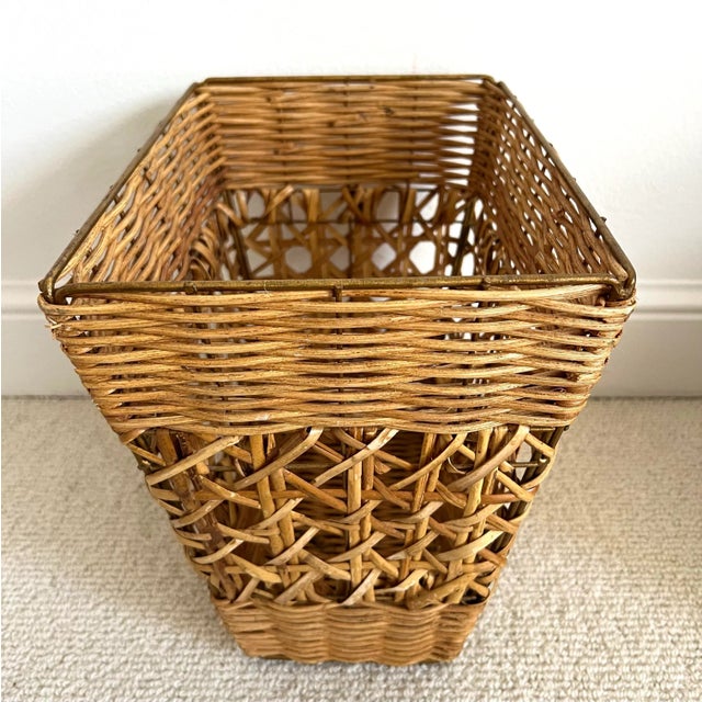 Boho Chic Rattan and Wicker Basket Weave Wastebasket For Sale - Image 3 of 8