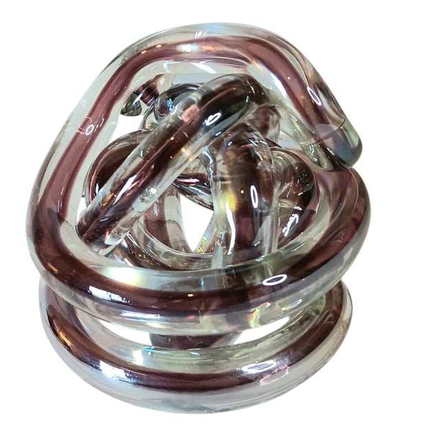 Abstract Art Glass Knot Twisted Infinity Decor Paperweight Clear & Purple Colors Clear Glass with a purple eggplant color...