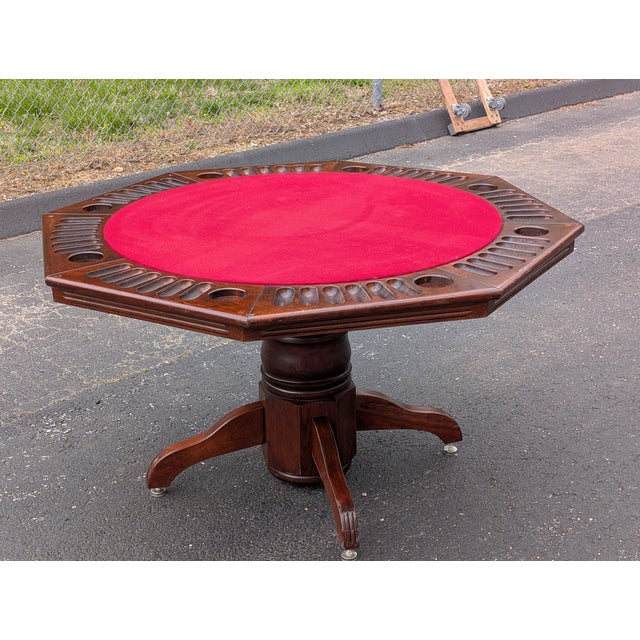 Vintage 54" Octagonal Poker & Chess Game Table With Vibrant Red Felt For Sale In Washington DC - Image 6 of 18