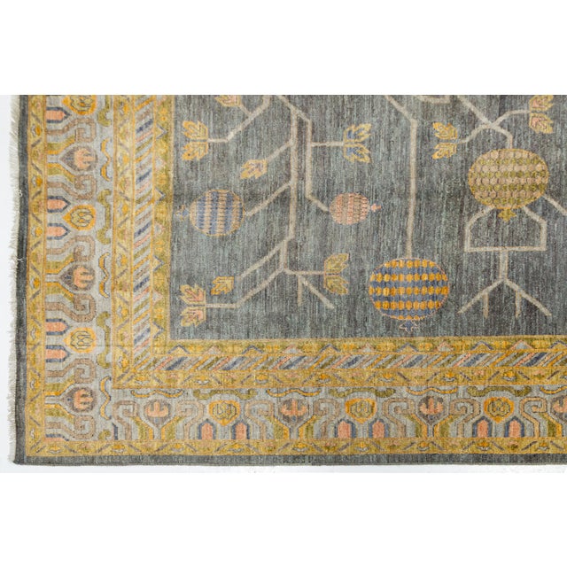 Modern Khotan-Style Pomegranate Tree Charcoal Wool Area Rug For Sale - Image 9 of 12
