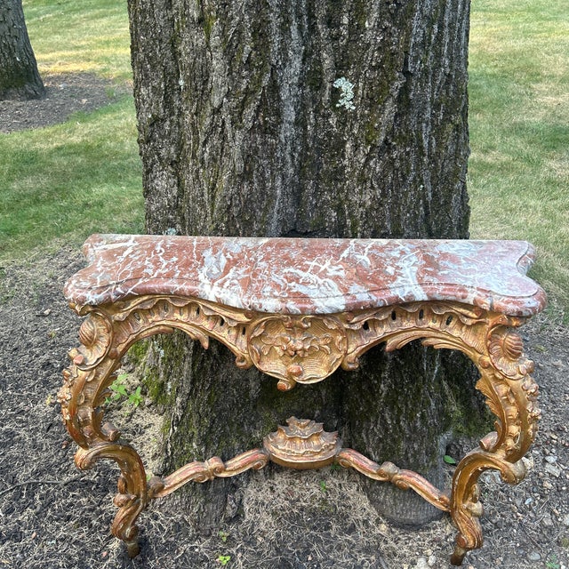 Late 19th Century Italian Marble Top Rococo Gilt Bracket Console With Stretcher For Sale - Image 5 of 10