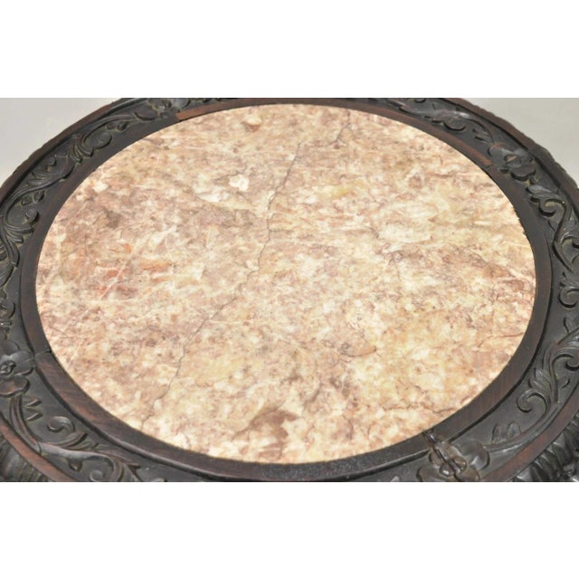 Antique Oriental Chinese Carved Hardwood Marble Top Foo Dog Side Table For Sale - Image 4 of 11