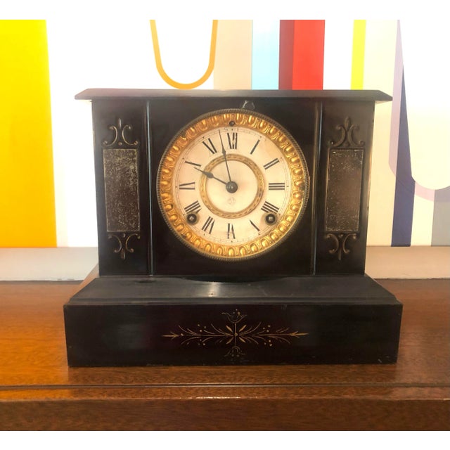 Traditional Vintage Heavy Wood and Metal Mantle Clock For Sale - Image 3 of 12