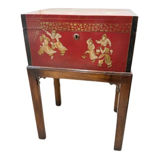 Vintage Chinoiserie Red Lacquer Box on Stand For Sale