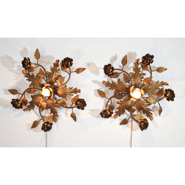 Hollywood Regency Gilded Metal Wall Lamps, Italy, 1960s, Set of 2 For Sale - Image 13 of 17