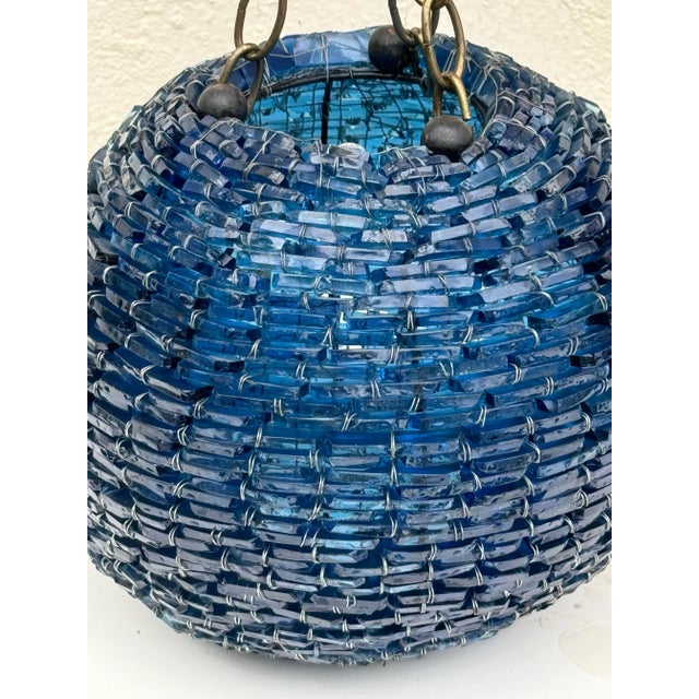 Mid-Century Modern Art Glass Pendant Light : Vintage Mid-Century Cut Blue Glass Stacked Globe-Shaped Round “Blue Moon” Pendant Light Fixture. Mid Century Vibe For Sale - Image 3 of 11