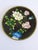 Vintage small Cloisonne enamel and brass plate featuring a pink and green chrysanthemum and bird motif over a black...