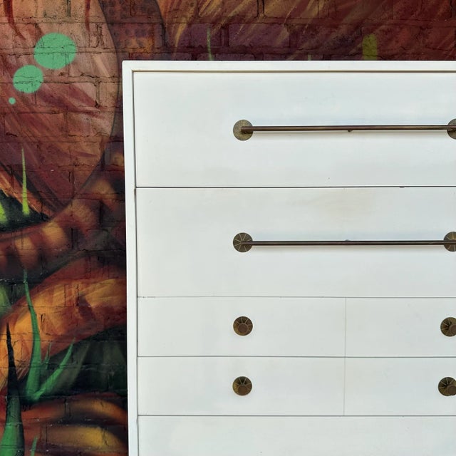 Mid-Century Modern Tommi Parzinger for Parzinger Originals White Lacquer Tall Dresser With Brass Accents For Sale - Image 3 of 12