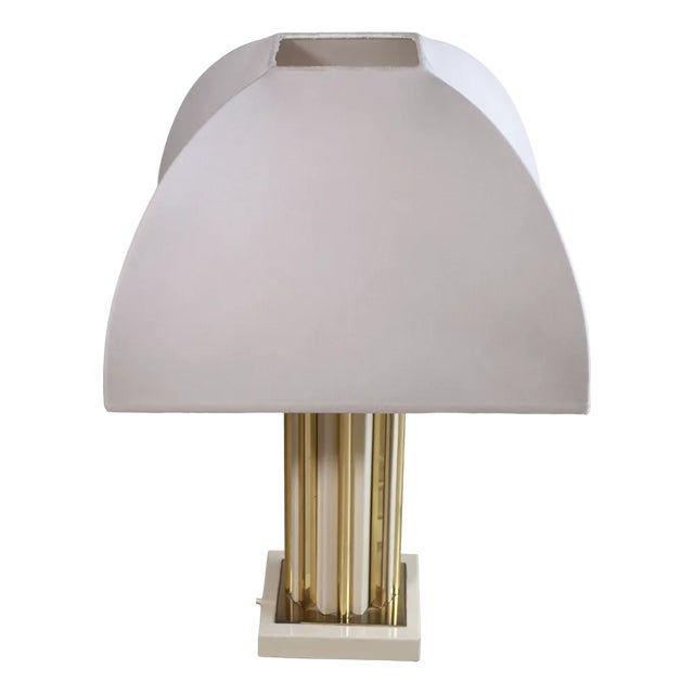Table Lamp in Brass and Lacquered Metal with Fabric Lampshade by Romeo Rega, 1960s For Sale