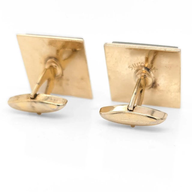 Vintage American Swank Square Brass & Inlaid Stone Cufflinks For Sale - Image 11 of 12
