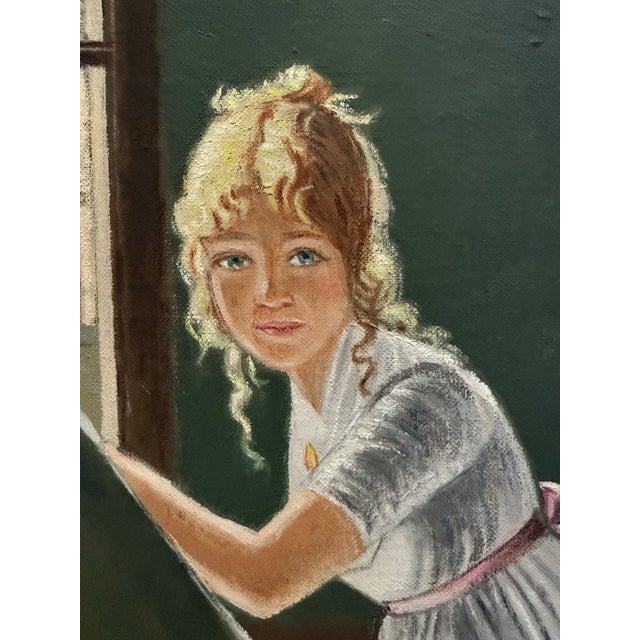 Antique White Vintage Oil on Board Rendition of a "Young Woman Drawing" For Sale - Image 8 of 10