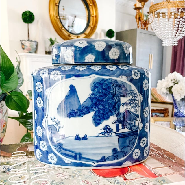Blue Vintage Chinese Blue Willow Porcelain Large Tea Caddy For Sale - Image 8 of 8