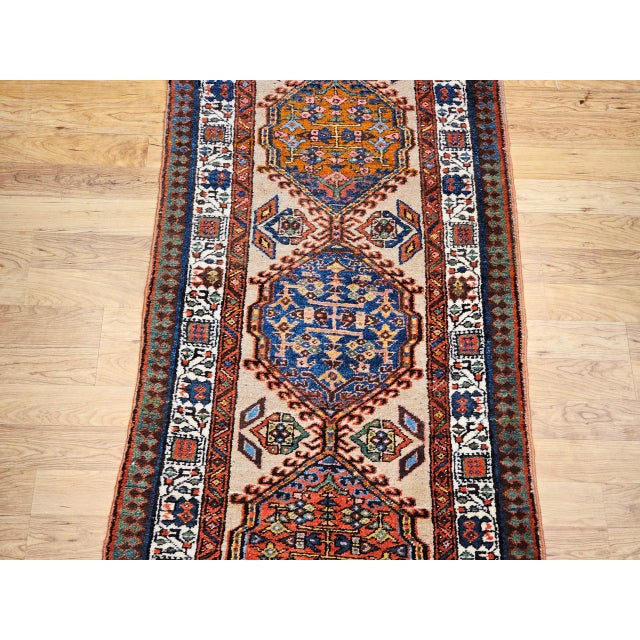 Vintage Serab Runner, Hand-Knotted Wool, Geometric Medallion Pattern, Ivory & Blue, 3x11 For Sale - Image 9 of 14