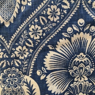 Indigo Printed Cotton/Linen Damask Upholstery Fabric - 4 Yds For Sale