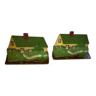 Pair of Antique Hubley #211 Cape Cod Cottage Cast Iron Doorstops - Original Paint Usa 1920s For Sale