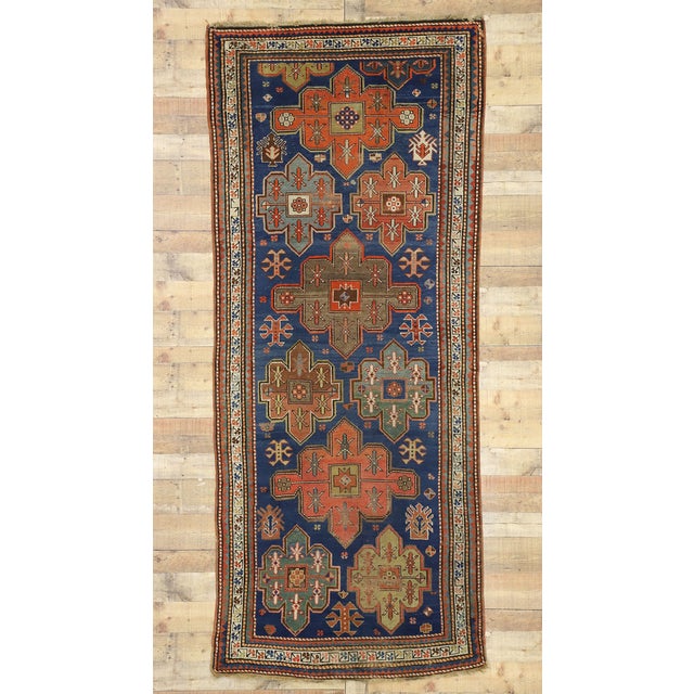 Blue Antique Caucasian Kazak Rug, 04'01 X 09'10 For Sale - Image 8 of 9