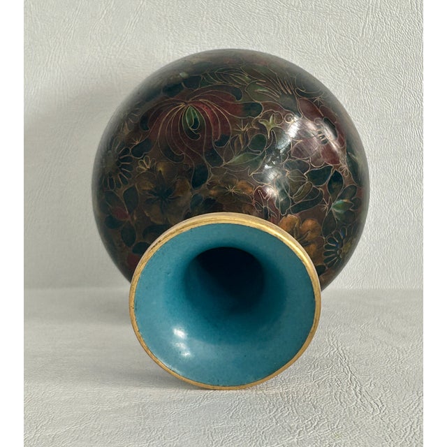 Vintage Cloisonné Vase Earth Tones With Carved Wooden Base For Sale - Image 16 of 16