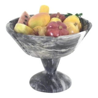 Vintage Mini Carved Stone Fruit in Marble Pedestal Bowl - 11 Piece Set For Sale