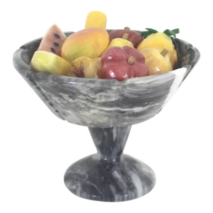 Vintage Mini Carved Stone Fruit in Marble Pedestal Bowl - 11 Piece Set