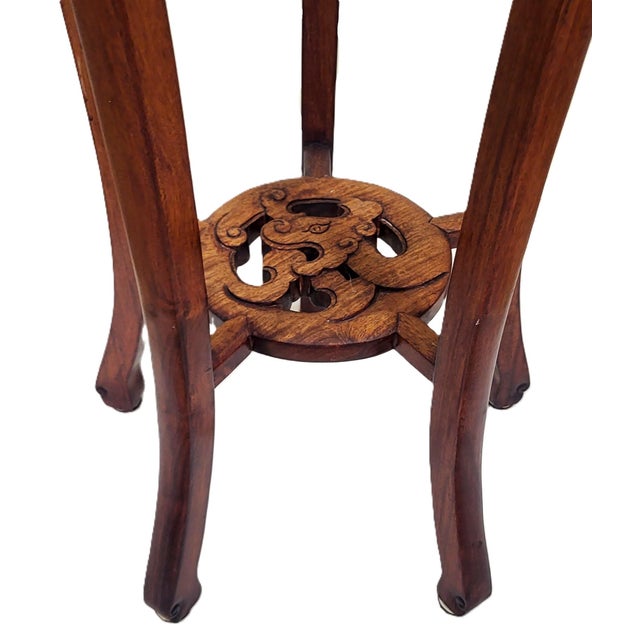 Brown Pair Vintage Chinese Bamboo Carved Hardwood & Marble Top Plant Stand Pedestals For Sale - Image 8 of 18