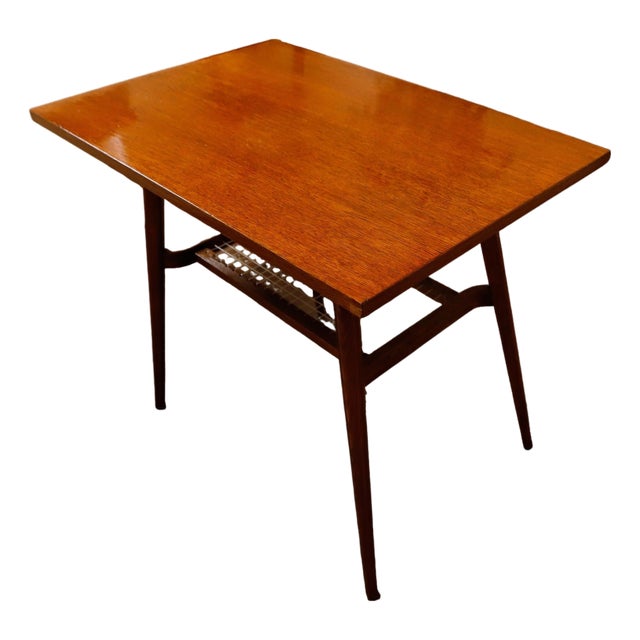 Brussels Style Table with Woven Shelf by Jindrich Halabala for Drevopodnik Holesov, 1960s For Sale