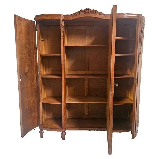 Wood Antique French Burl Walnut Armoire Wardrobe Mirror Carved Cabinet Circas 1920s For Sale - Image 7 of 18