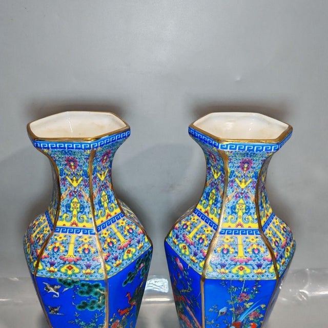 Chinoiserie Pair of Chinese Hexagonal Blue Ground Famille Rose Peacock & Bird Porcelain Vases, Chinoiserie Decor Vessels For Sale - Image 3 of 9