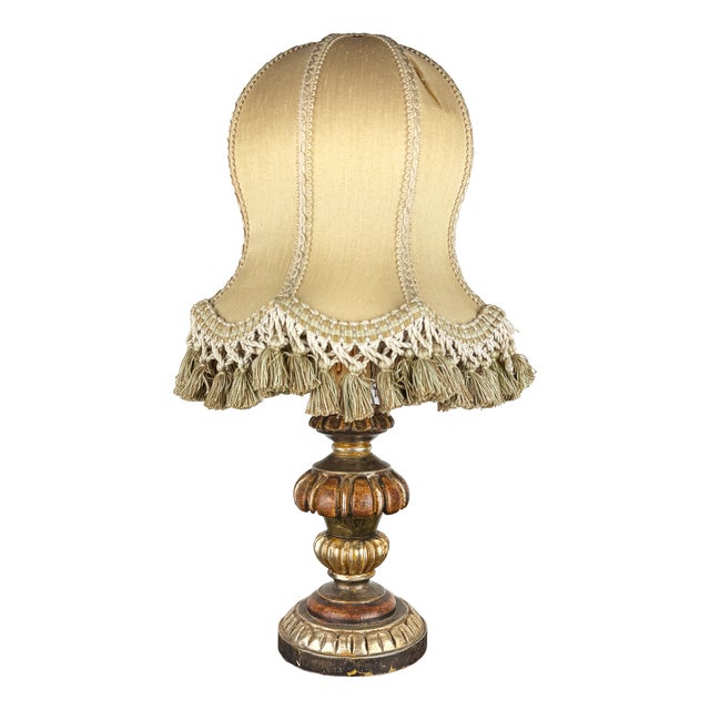 Vintage Italian Silk Lampshade Carved Wood Table Lamp, 1980s For Sale