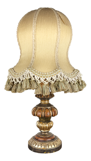 Vintage Italian Silk Lampshade Carved Wood Table Lamp, 1980s