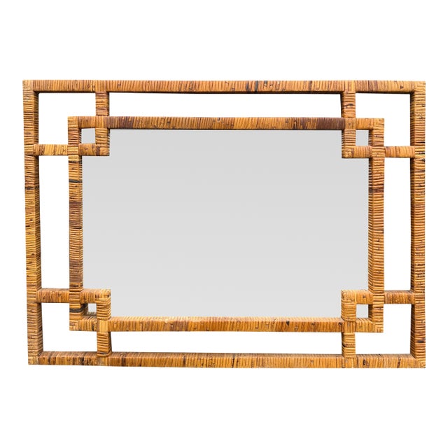 Vintage Large Rattan Wicker Wrapped Wall Mirror in Chippendale Chinoiserie Style For Sale