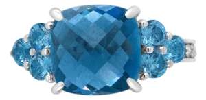 18K White Gold 10mm Cushion Shaped Blue Topaz and 1/6 Cttw Diamond 3 Stone Style Ring (F-G Color, VS1-VS2 Clarity) - Ring - Size 6.5