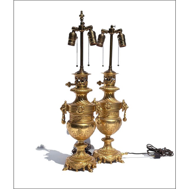 French Empire/NeoClassical Gilt Bronze W/Lion Heads Lamps-Set of Two For Sale In New York - Image 6 of 7