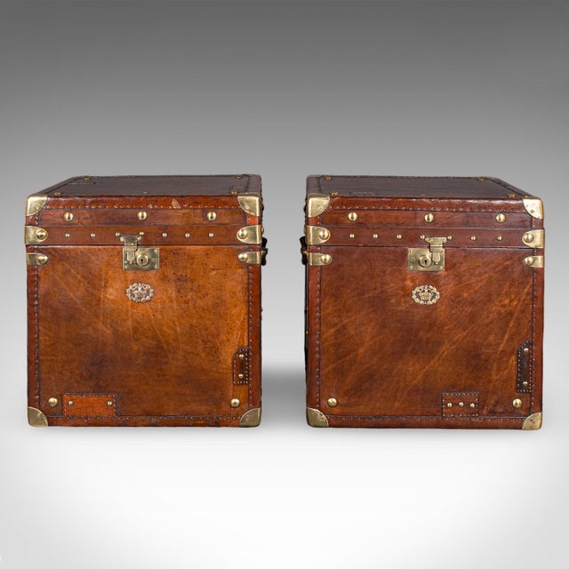 Campaign Pair of Late Vintage Campaign Luggage Trunks, English Leather Bedside Nightstand For Sale - Image 3 of 12
