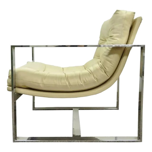 Late 20th Century Mid Century Modern Milo Baughman Style Chrome Flat Bar Scoop Lounge Club Chair For Sale