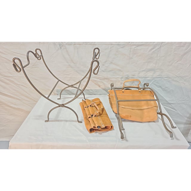 Metal Vintage Leather Firewood Holder For Sale - Image 7 of 7