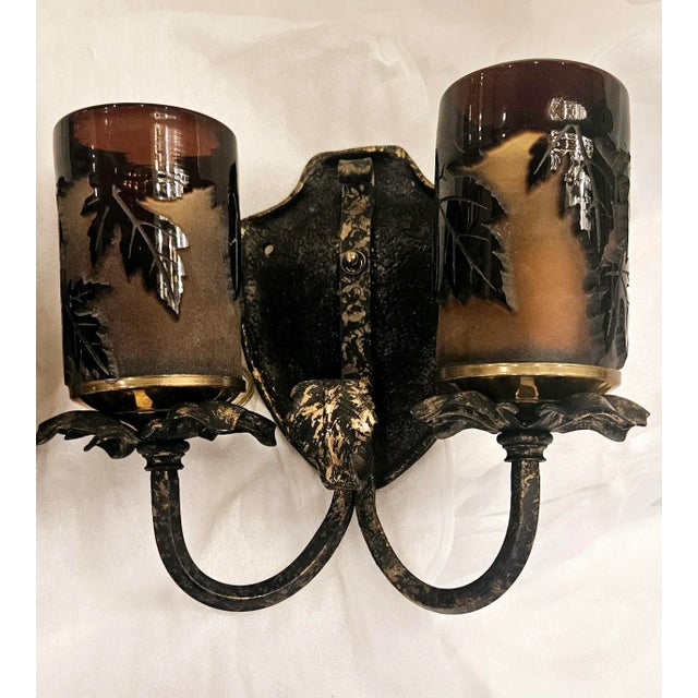 1990s Pilgrim Cameo Glass Double Light Sconces With Maple Leaves, a Pair Extraordinary chocolate brown sconces with...