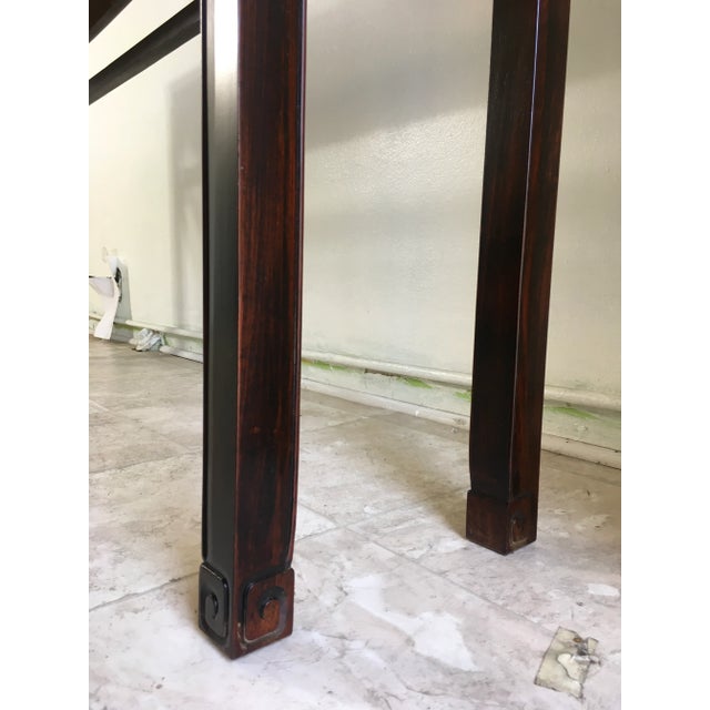 Chocolate Chinese Rosewood Console Table With Carved Spiral Details and Architectural Form For Sale - Image 8 of 11