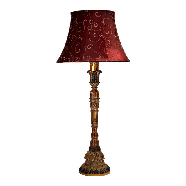 Vintage Regency Gilt Tassel Candlestick Table Lamp For Sale