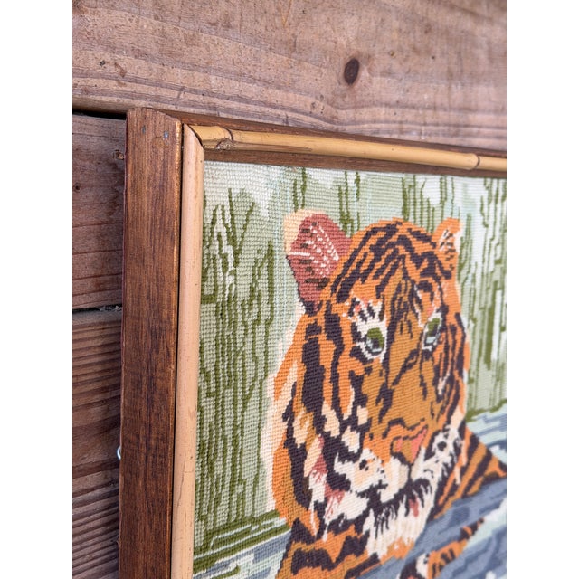 Vintage Boho Safari Tiger Needlepoint Wall Art in Bamboo Trim Frame For Sale - Image 11 of 12