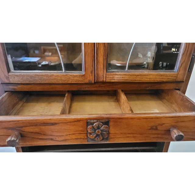 1930s Antique Maidsaver Lusty Hoosier Kitchen Cabinet Carved Oak With Stained Glass Doors For Sale - Image 5 of 12