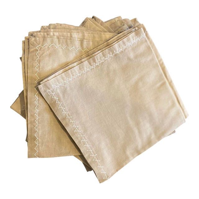 Vintage 1980 Linen Hand-Stiched Linen Napkins- Set of 16 For Sale