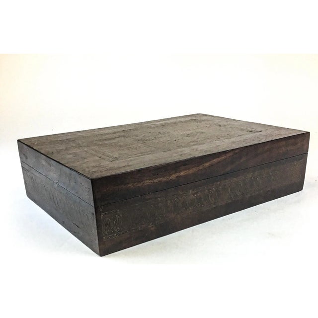 Art Deco Vintage Large Mahogany Brass Inlaid Treasure Jewelry Box For Sale - Image 3 of 13