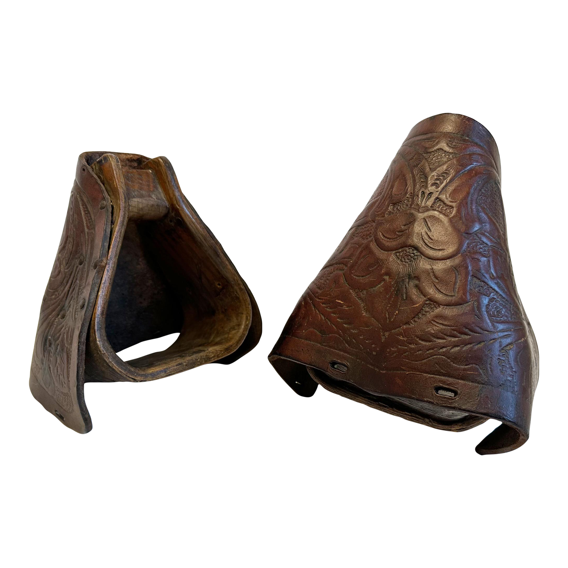 Handmade Rough Out Leather Tapaderos Stirrups For Western Saddles - Pair, Tooled Leather With Bull Nose Design