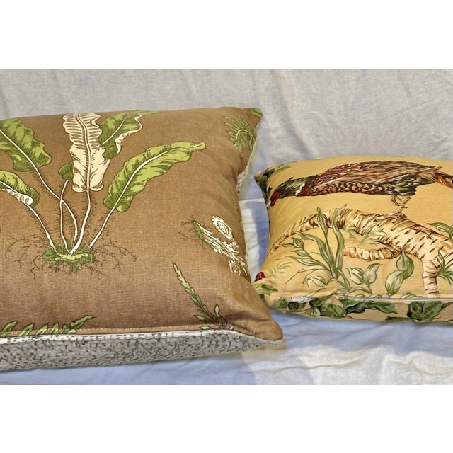 Pair of Custom Linen Throw Pillows – Salamandre Pheasant & Botanical Leaf, Down Alternative Inserts For Sale - Image 9 of 10