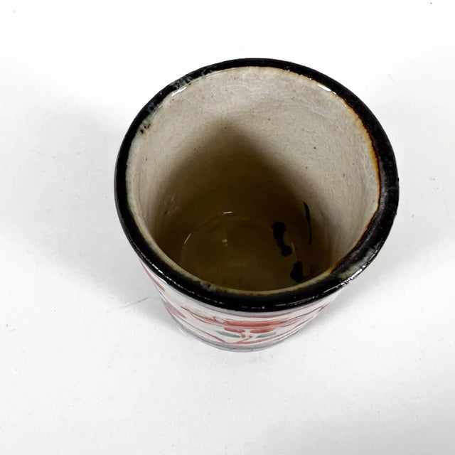 AMBIANIC presents 1960s Midcentury Modern Oriental Flower Art Pottery Cup Signed with Asian character symbols 3.5 tall....