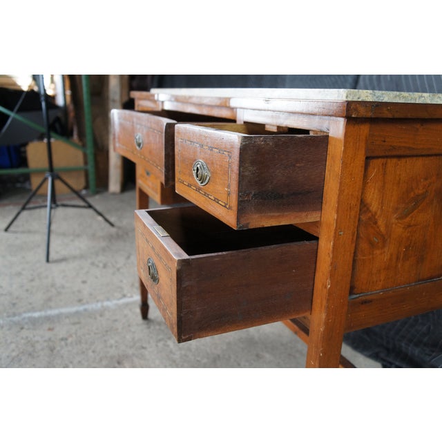 Antique American Sheraton Inlaid Mahogany Marble Top Writing Desk Library Table For Sale - Image 9 of 14